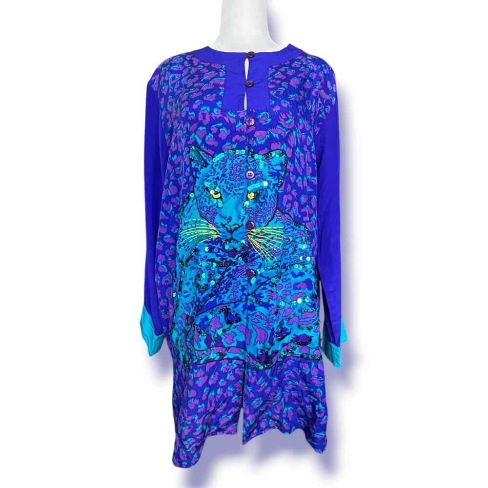 Vintage Diane Gilman Silk Leopard Animal Print Sequin Sheer Shirt Electric Blue